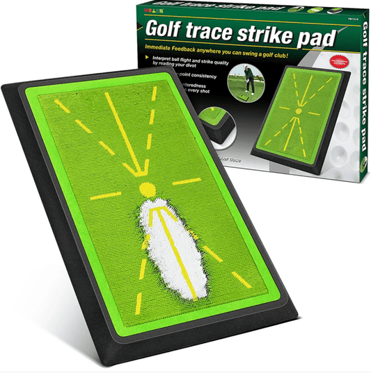 Close-up of golf strike mat turf surface showing precise divot pattern from iron club strike