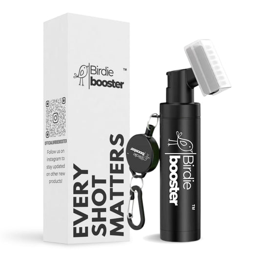 Birdie Booster Pro golf club brush with built-in 5oz spray bottle and retainer clip for golf bag