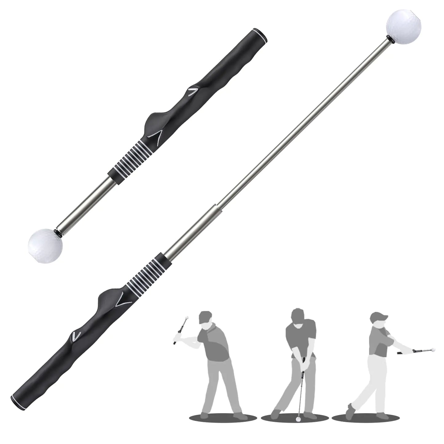 Golf Swing Click Trainer retractable swing training aid with molded grip guide and audible click feedback mechanism