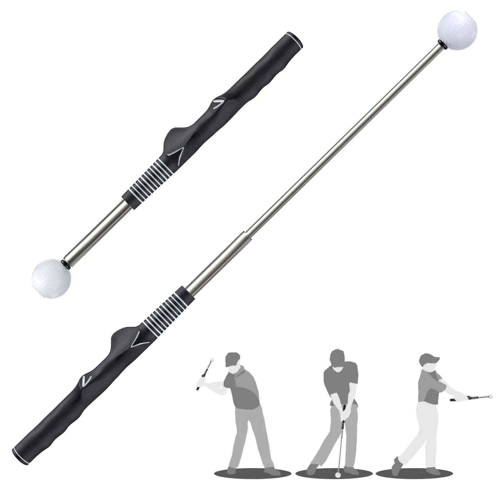 Golf Swing Click Trainer retractable swing training aid with molded grip guide and audible click feedback mechanism