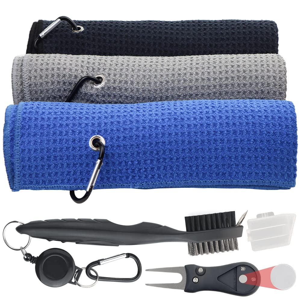 Golf Towel Set Golf Club Cleaning Kit - 3 Microfiber Waffle Pattern Golf Towels & Golf Club Brush Groove Cleaner & Divot Repair Tool Golf Towels for Golf Bags - Golf Accessories for Men & Women - Pin High Gear